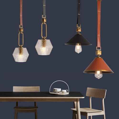Modern leather chandelier with pendant light and crystal glass - vue 2 sur 14