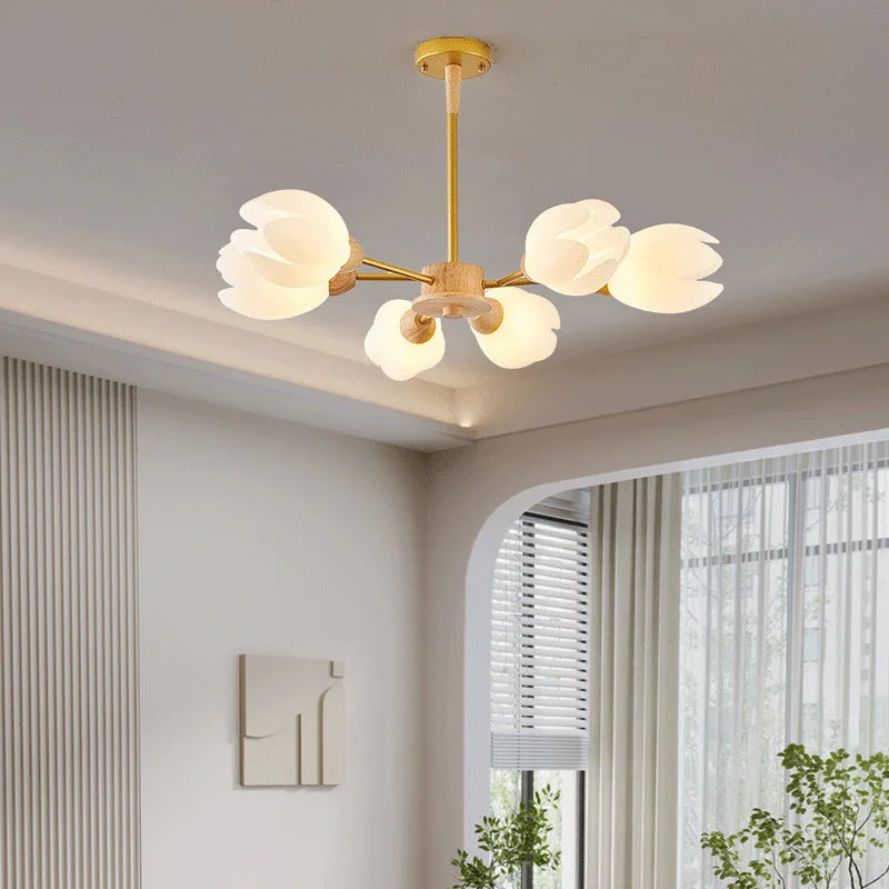 Nordic wooden chandelier with flower-shaped LED light - vue 4 sur 9