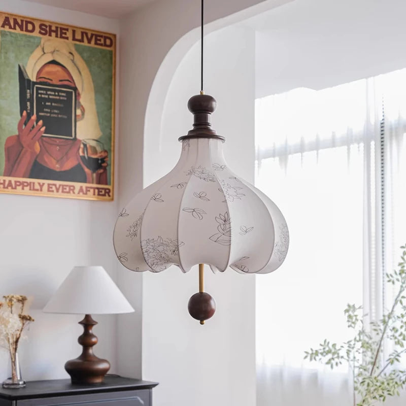 Vintage fabric pendant light with wood pattern for interior decor