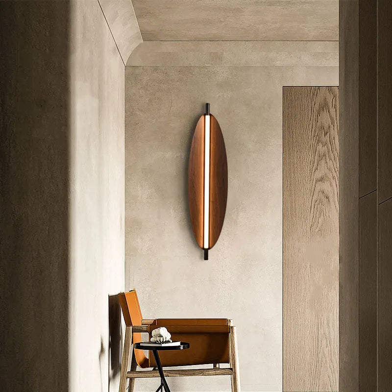 Wabi sabi style LED wall light with minimalist Japanese wood grain