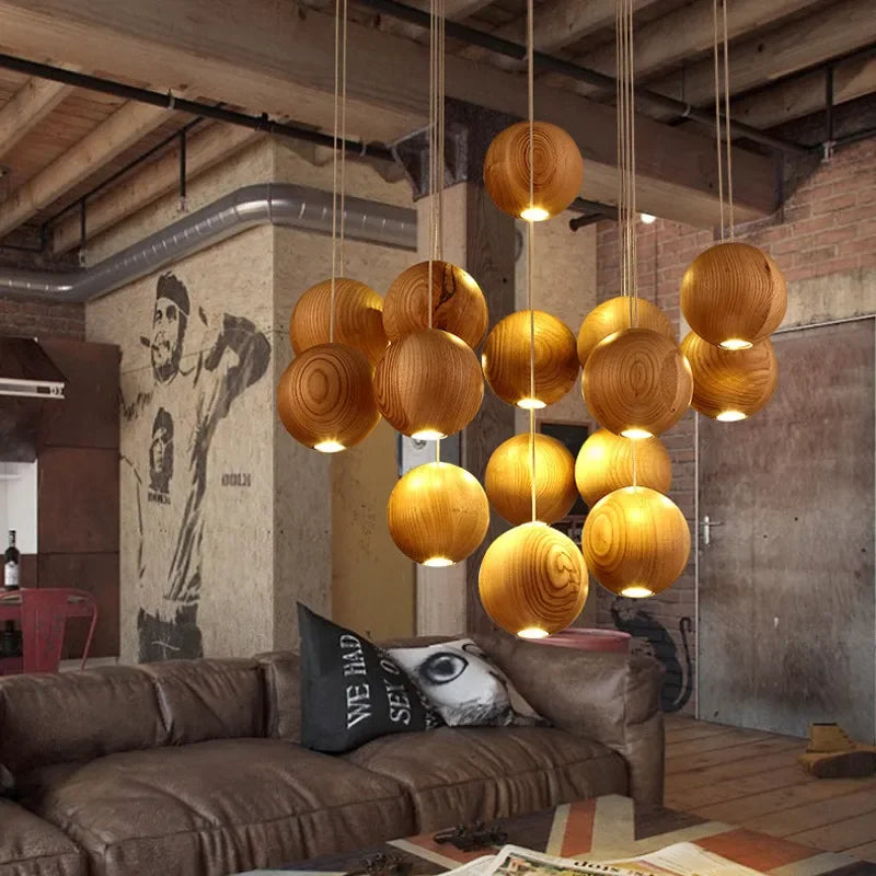 Modern wooden LED pendant light GZMJ with multiple heads - vue 10 sur 11