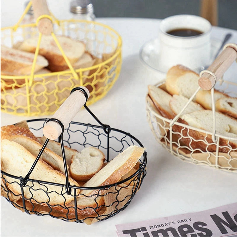 iron basket for fruit, vegetables and bread with wooden handle