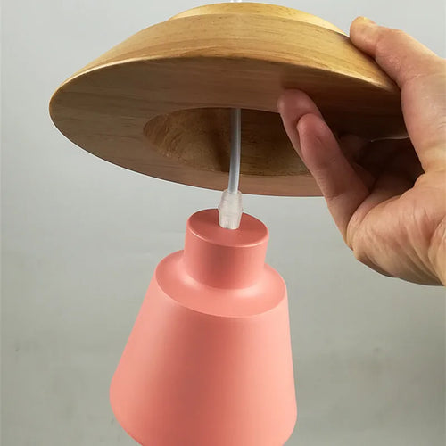 Sweet Home Macaron colour LED iron and wood pendant light chandelier ceiling lamp - vue 4 sur 8