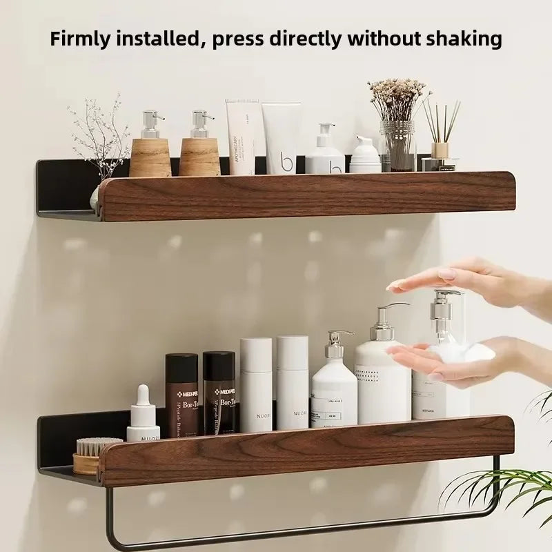 walnut wall shelf for storage and towel rack