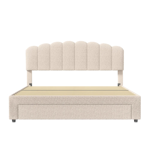 Bubble Bed, Double Bed, Teddy Velvet Fabric, with USB &amp; LED, Drawer Bed, with Storage Space, Beige, 140x200 cm