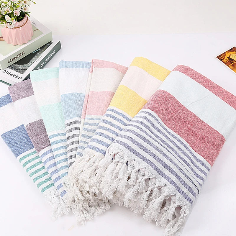 Turkish cotton beach towel with stripes and fringes, quick drying