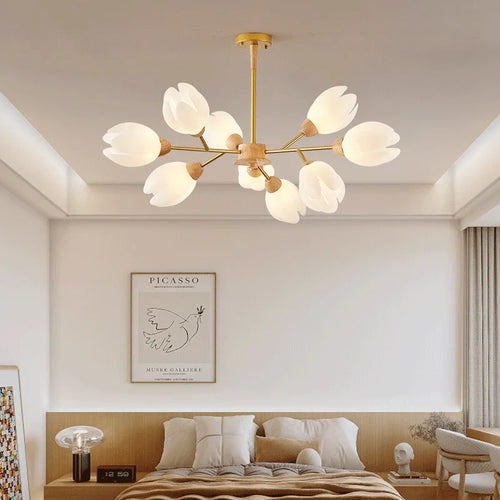Nordic wooden chandelier with flower-shaped LED light - vue 3 sur 9