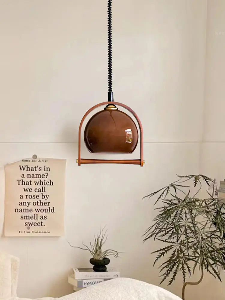 Vintage retro glass and wood chandelier for interior decoration
