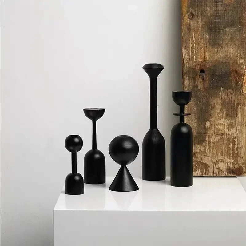 Black wooden candle holder nordic style artistic decoration for home