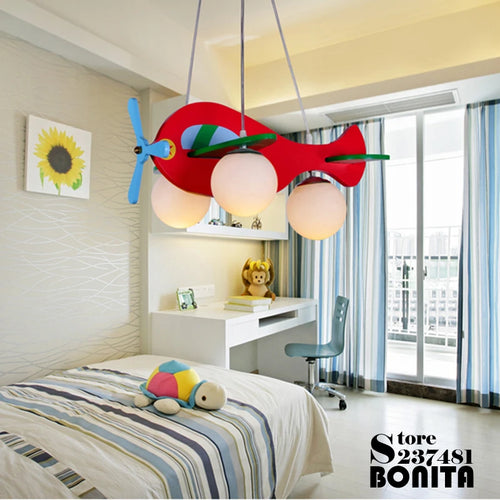 Wood and glass cartoon airplane pendant light for children - vue 7 sur 8