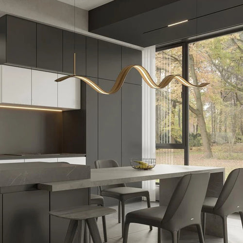 Modern copper LED chandelier with wave design - vue 3 sur 8