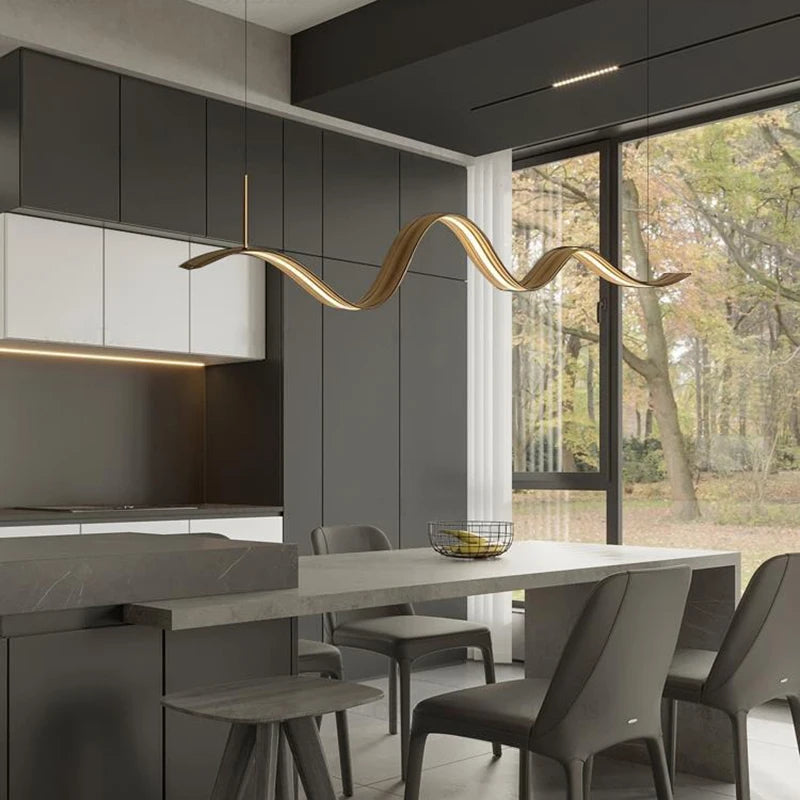 Modern copper LED chandelier with wave design - vue 3 sur 8