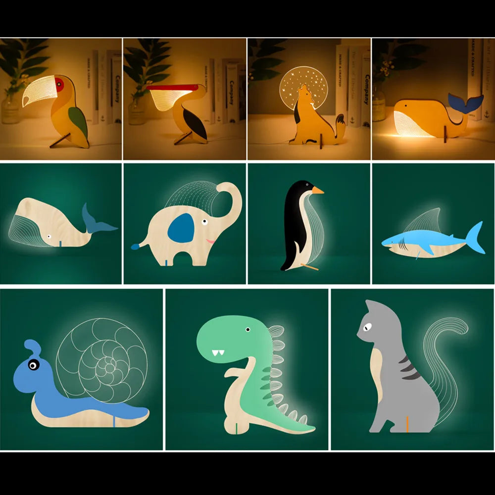 Animals LED night light wood acrylic USB table lamp for children bedside pelican sirius whale toucan