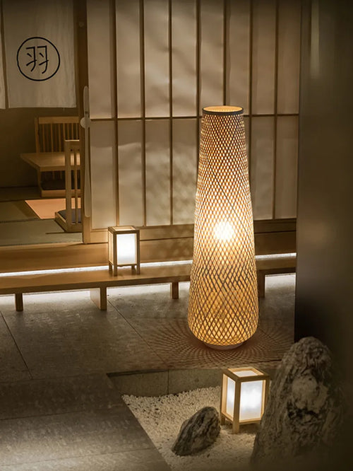 Retro woven rattan and bamboo floor lamp - vue 6 sur 9