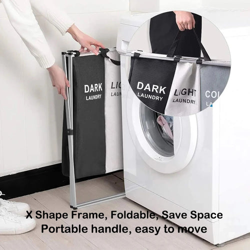 Foldable laundry basket with three compartments and waterproof storage - vue 3 sur 7