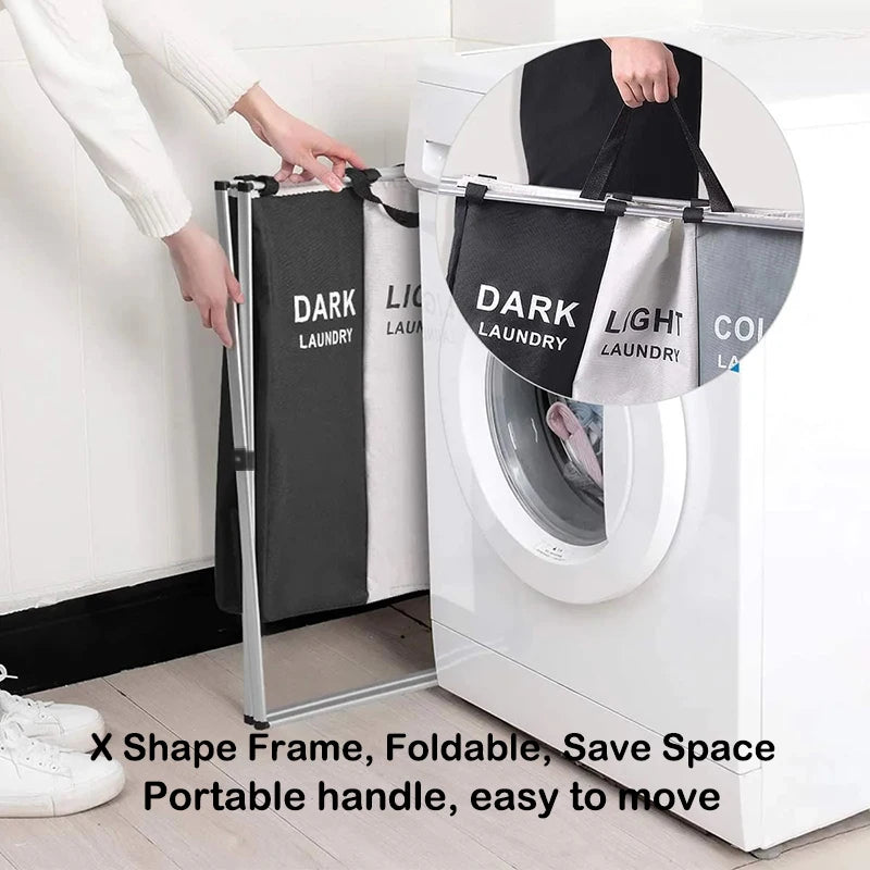 Foldable laundry basket with three compartments and waterproof storage - vue 3 sur 7