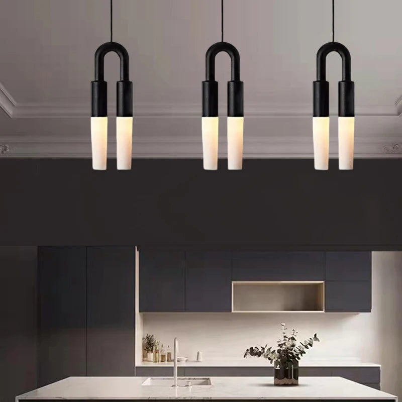 Art deco chandelier in black and white metal with adjustable cable