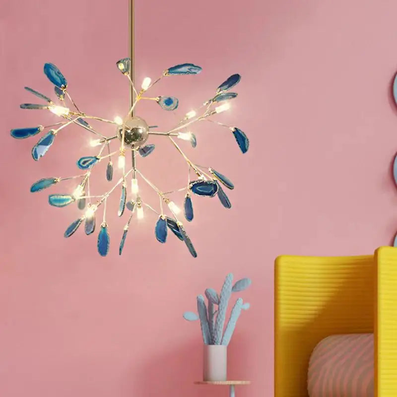 Natural agate chandelier with LED lighting and adjustable cord