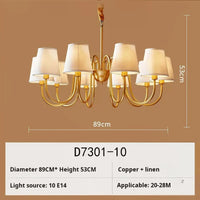 American retro copper LED chandelier with fabric shade