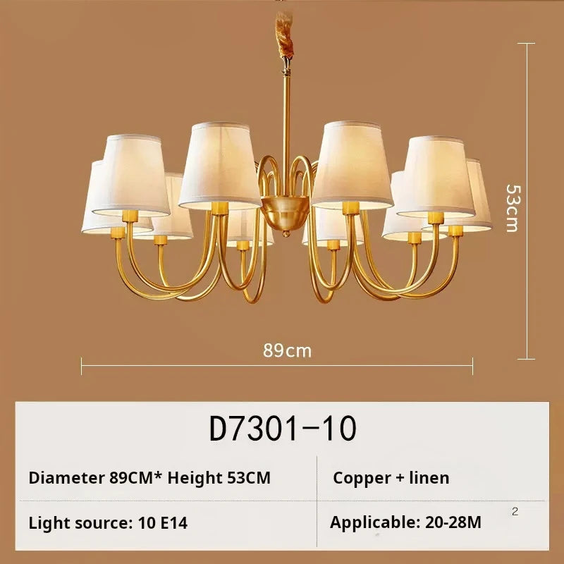 American retro copper LED chandelier with fabric shade