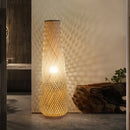 Cylindrical bamboo and wicker floor lamp with retro wooden weave