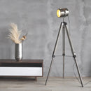 Industrial wood floor lamp with vintage hinged tripod