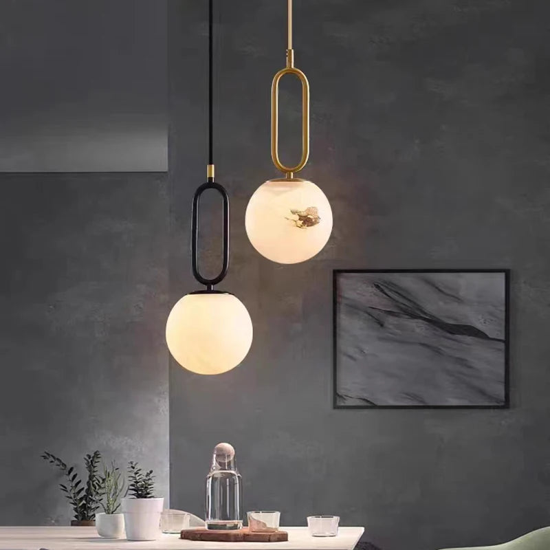 Adjustable decorative brass and natural marble LED pendant lamp
