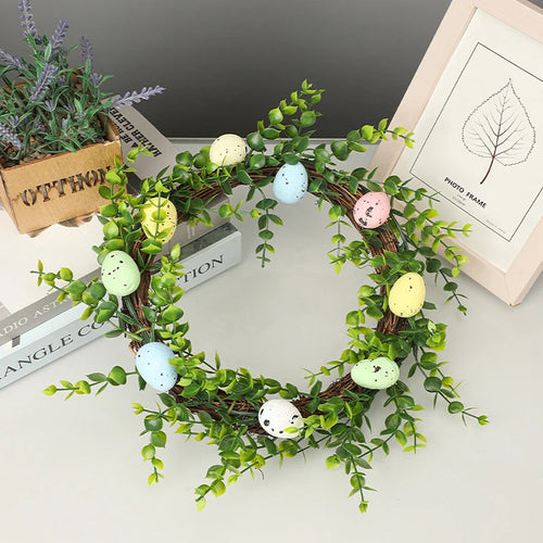 Decorative Easter wreath with bunny and hanging eggs - vue 5 sur 12