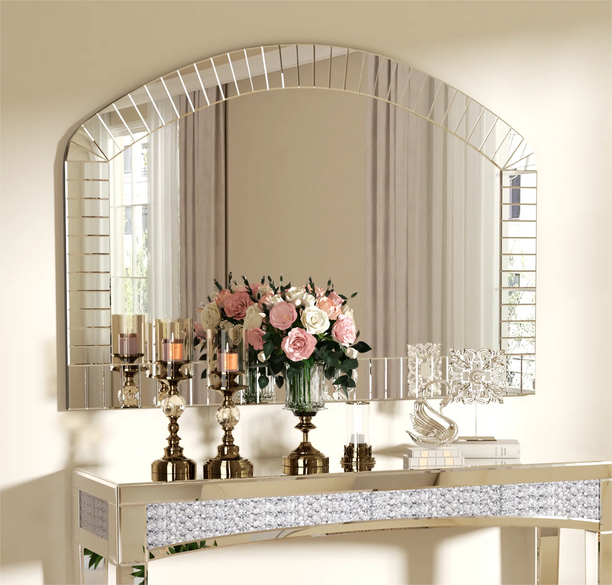 Large Silver Arched Wall Mirror, Silver Glass, Decorative Venetian Accent Mirror, Home Living Room Decor, Bling Beveled Edge