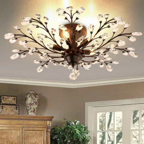 Vintage black metal chandelier with crystal pendants for modern interiors - vue 3 sur 6