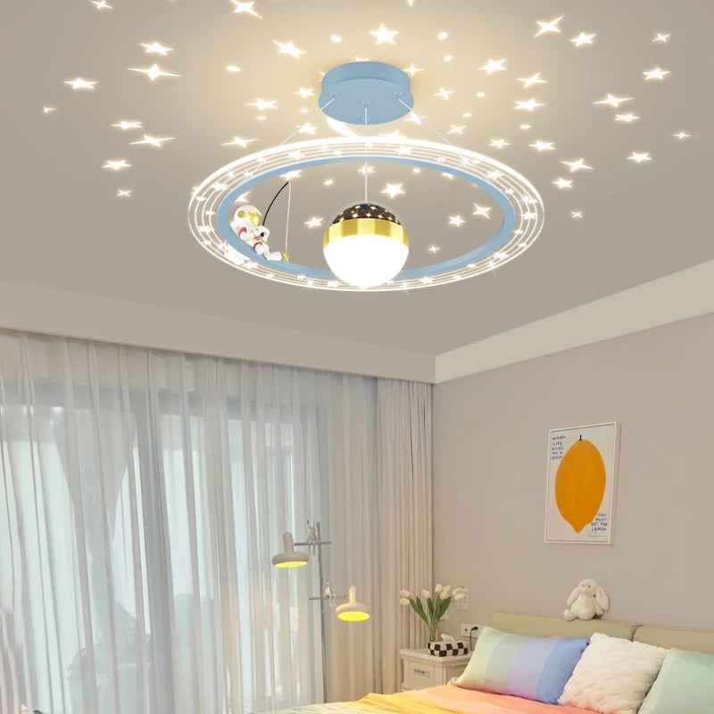 Dimmable round LED astronaut chandelier for children's room