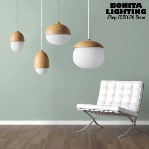 Modern glass and wood pendant light with mushroom design - vue 2 sur 8