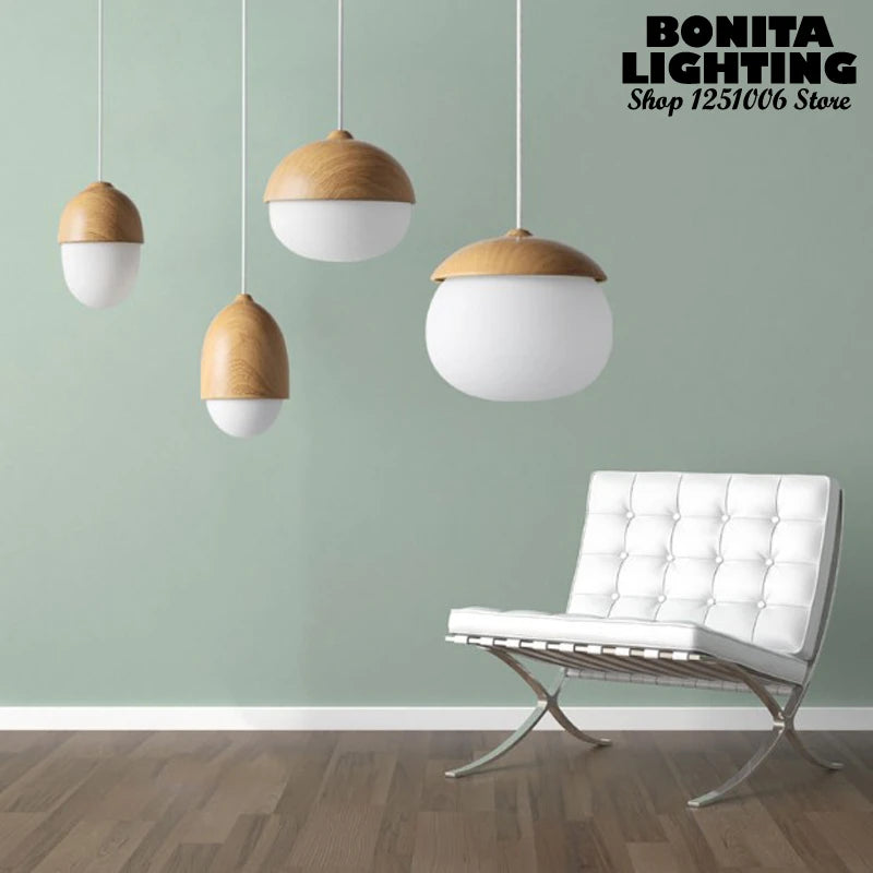Modern glass and wood pendant light with mushroom design