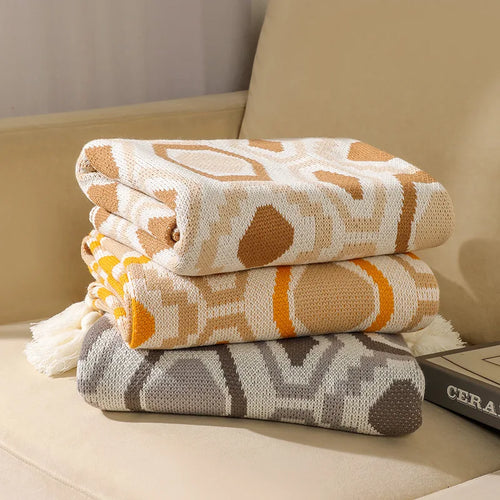 Bohemian geometric check throw with tassels for living room - vue 6 sur 7