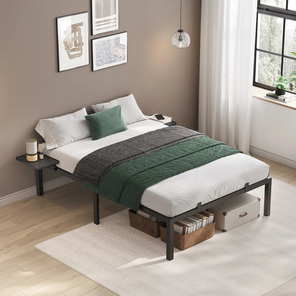 VASAGLE Double Bed Frame, Metal Bed Frame, with Bedside Shelves, Guest Bed Frame, for 140 x 200 cm Mattresses, Easy Assembly - vue 2 sur 7