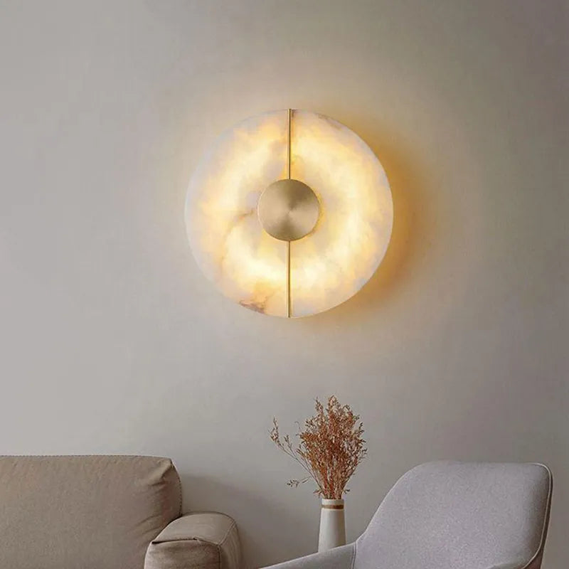 Round marble and gold copper LED wall light