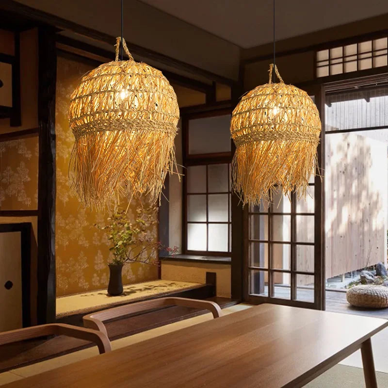 Japanese woven bamboo pendant light for a zen atmosphere