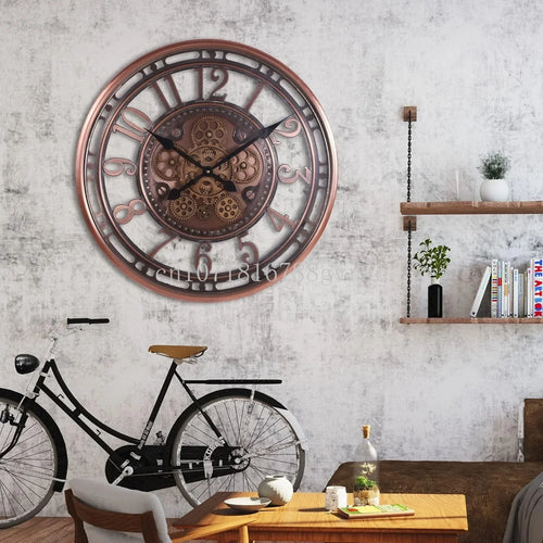 industrial metal wall clock with decorative moving gears - vue 6 sur 14