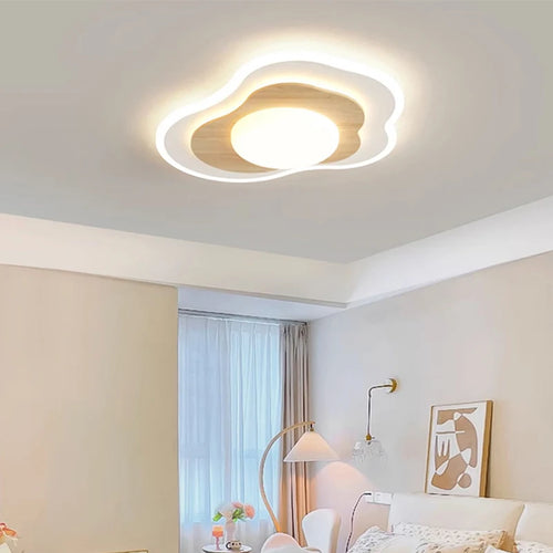 Luxury LED ceiling light in white, wood and cream for bedroom, living room or home - vue 2 sur 10