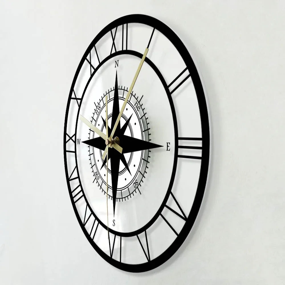 silent wall clock with compass and direction map