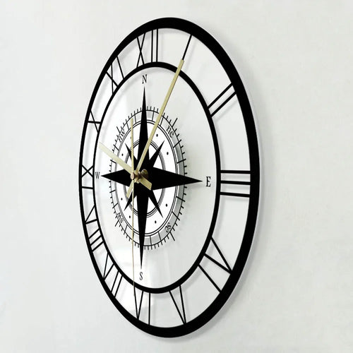 silent wall clock with compass and direction map - vue 2 sur 7