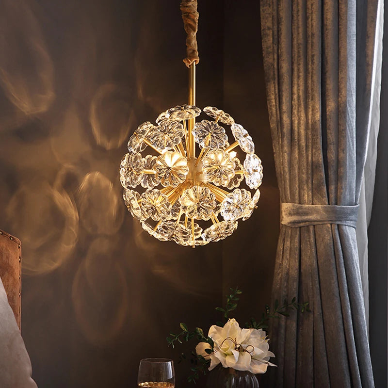 Copper pendant chandelier with round dandelion crystals