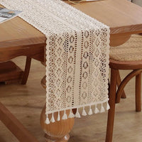 Boho crochet lace table runner with beige tassels