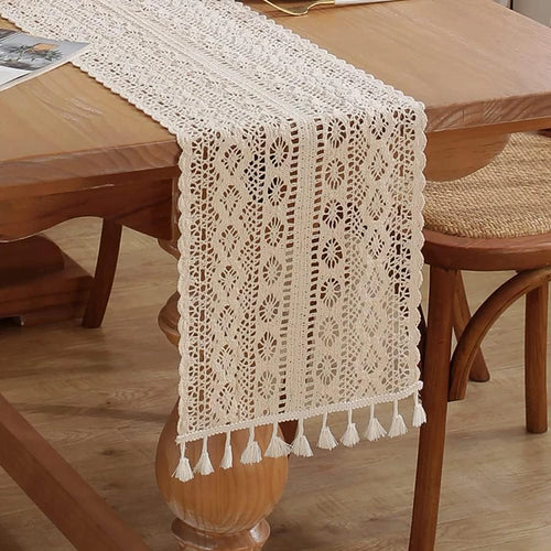Boho crochet lace table runner with beige tassels