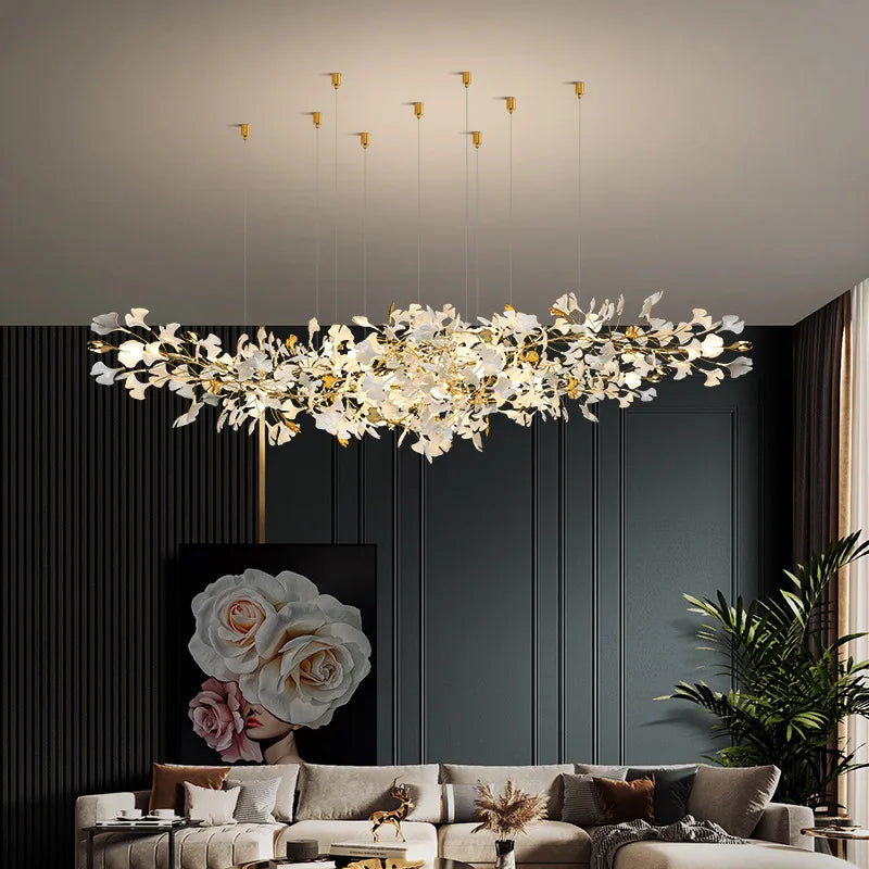 Ginkgo leaf long stairwell chandelier, atmospheric light, luxury villa, duplex, loft, hotel hall, creative art lamps