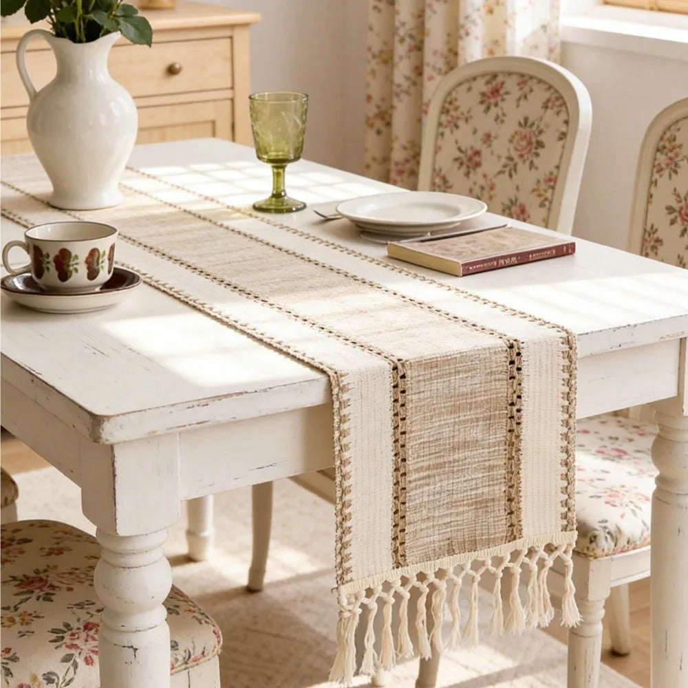 Green boho striped table runner with tassels