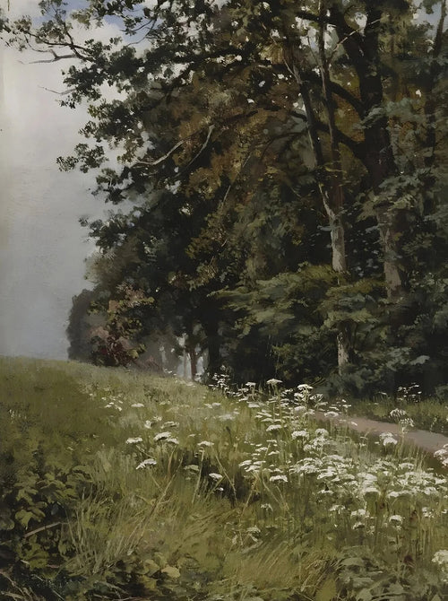 Vintage countryside painting with wildflowers wall art