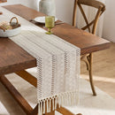 Beige boho woven table runner with geometric tassels