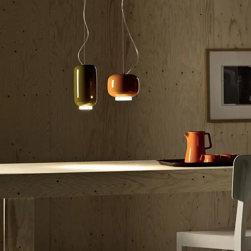 Modern glass pendant light with bright, colourful design
