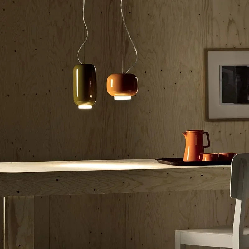 Modern glass pendant light with bright, colourful design